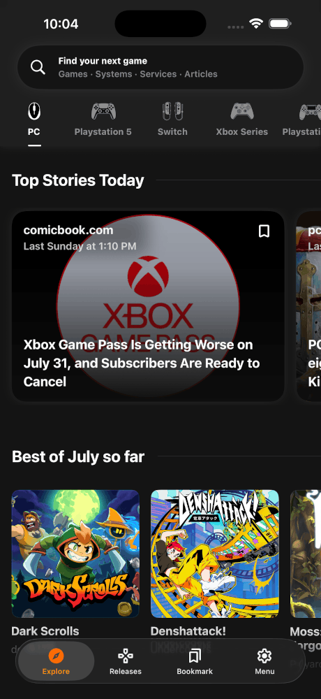 GGz Explore tab showing top stories and best games of the month