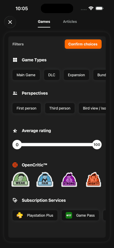 GGz search filters including OpenCritic rating and subscription services