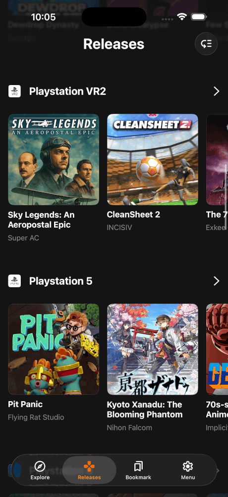 GGz Releases tab grouped by PlayStation VR2 and PlayStation 5