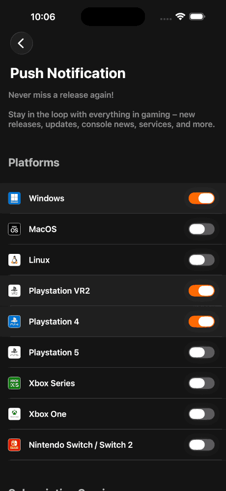 GGz push notification settings per platform